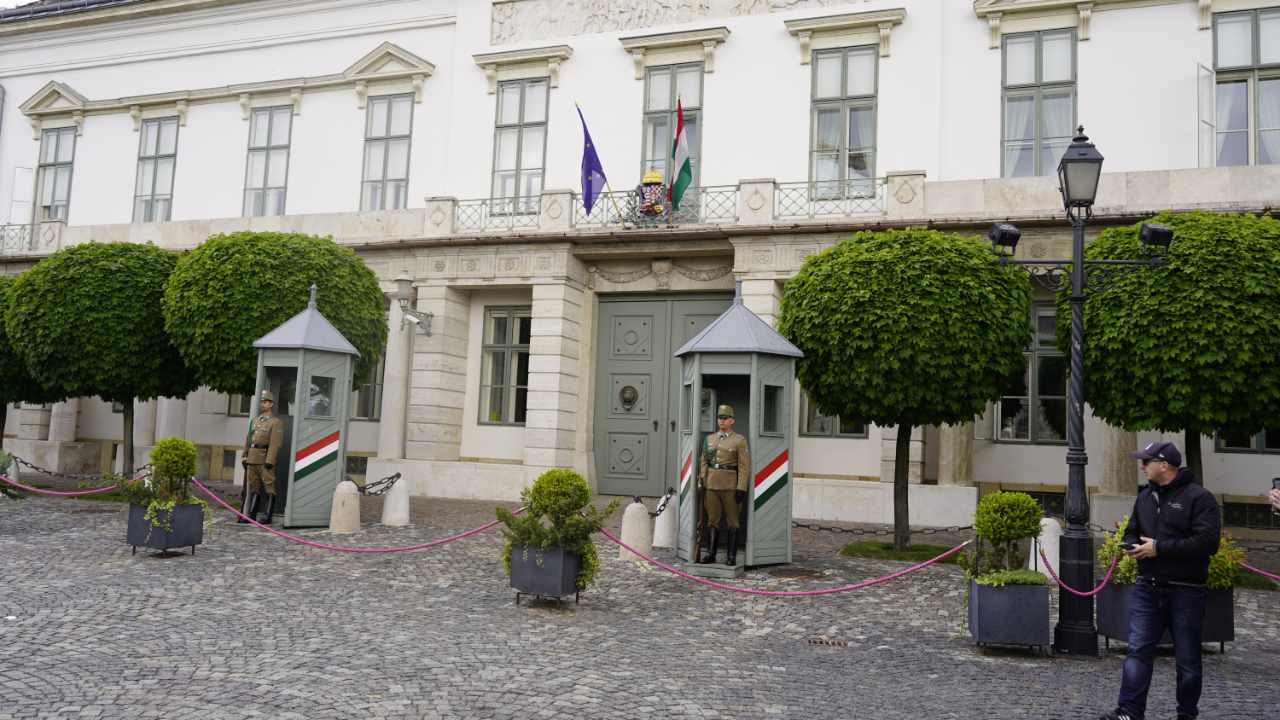 Guard in front of the Sandor Palace, the official residence of the Hungarian President